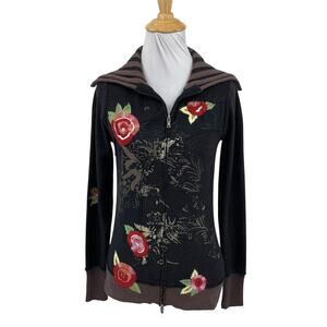 One Girl Who Sweater Womens M Medium Angora Blend Crewel Floral Full Zip Y2K